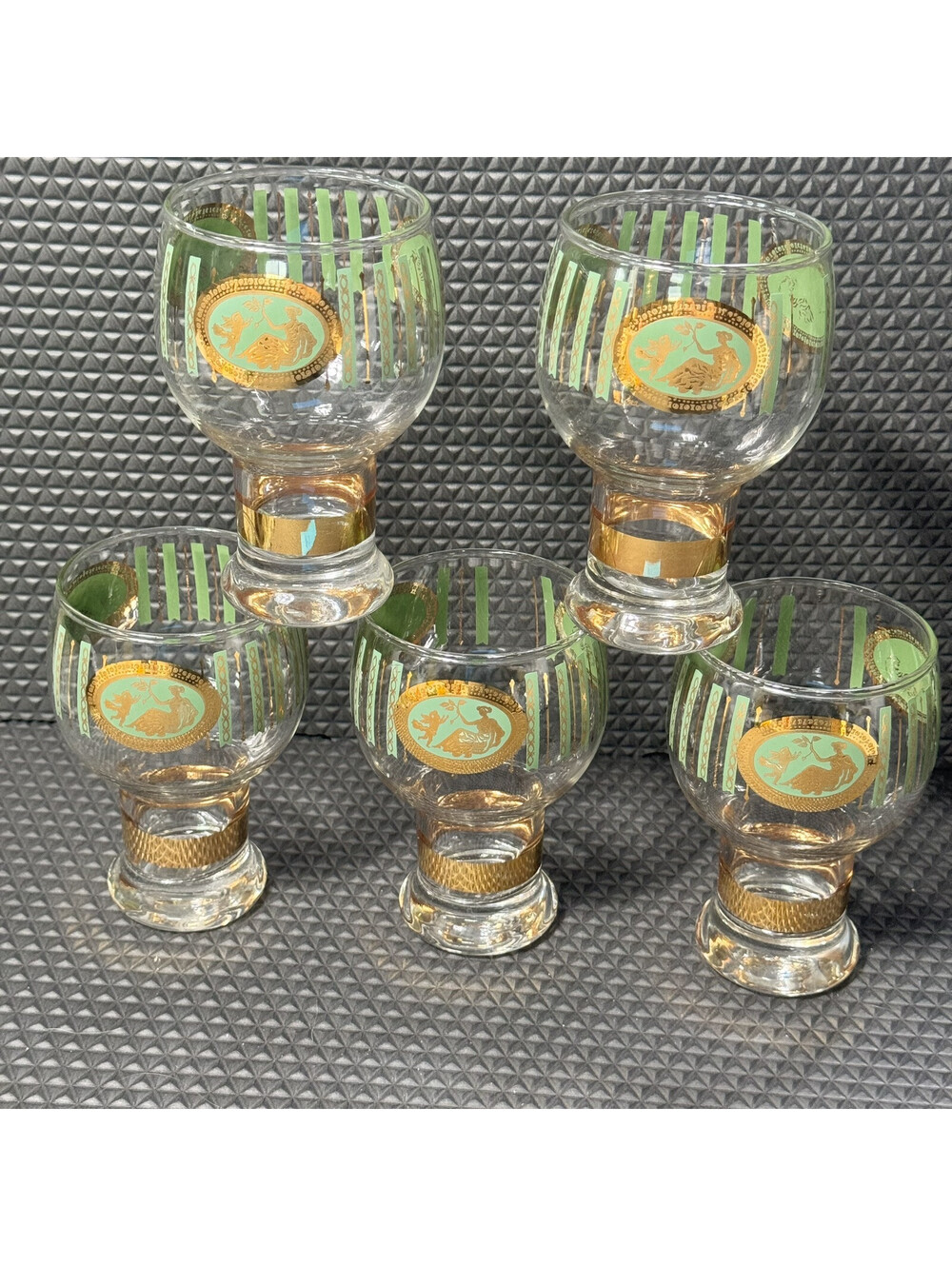 5 MCM Cera Cora Cocktail Water Goblets Barware Gold & Green Federal Glass 10oz